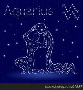 Zodiac sign Aquarius on a blue starry sky, hand drawn vector illustration in winter motif with stylized stars and snowflakes over seamless background