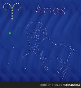 Zodiac sign Aries contour with tiny stars on the background of blue wavy starry sky, vector illustration. Zodiac sign Aries contour on the starry sky. Zodiac sign Aries contour on the starry sky