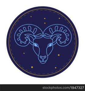 Zodiac sign, astrological symbol of aries. Astronomy and astrology. Horoscope and predictions for people born in march and april. Animal with horns and muzzle. Vector in flat style illustration. Aries astrological sign, horoscope zodiac symbol