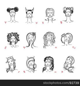 Zodiac sign. Beautiful fashion girl. Vector hand drawn illustration.. Zodiac signs collection. Beautiful fashion zodiac girl. Horoscope series. Ink hand drawn Vector illustration