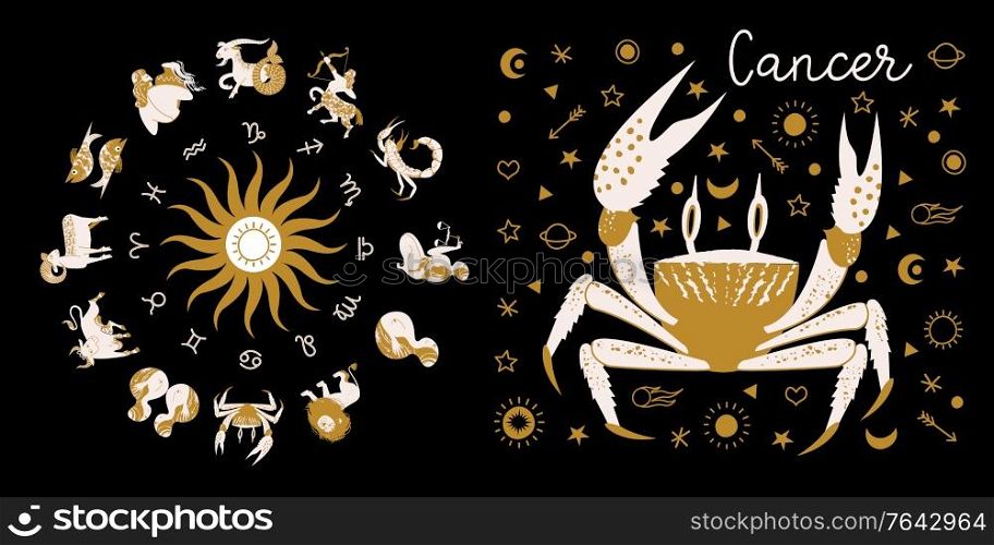 Zodiac sign Cancer. Full horoscope in the circle. Horoscope wheel zodiac with twelve signs vector. Aries; Taurus; Gemini; Cancer; Leo; Virgo; Libra; Scorpio; Sagittarius; Capricorn; Aquarius, Pisces. Zodiac sign Cancer. Horoscope and astrology. Full horoscope in the circle. Horoscope wheel zodiac with twelve signs vector.