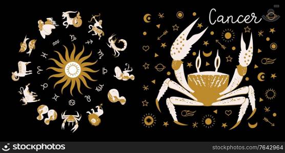 Zodiac sign Cancer. Full horoscope in the circle. Horoscope wheel zodiac with twelve signs vector. Aries; Taurus; Gemini; Cancer; Leo; Virgo; Libra; Scorpio; Sagittarius; Capricorn; Aquarius, Pisces. Zodiac sign Cancer. Horoscope and astrology. Full horoscope in the circle. Horoscope wheel zodiac with twelve signs vector.
