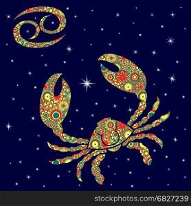 Zodiac sign Cancer with colorful flowers fill in warm hues on a background of the blue starry sky, vector illustration