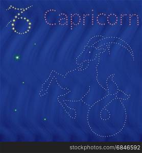 Zodiac sign Capricorn contour with tiny stars on the background of blue wavy starry sky, vector illustration. Zodiac sign Capricorn contour on the starry sky. Zodiac sign Capricorn contour on the starry sky
