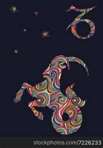 Zodiac sign Capricorn fill with colorful muted wavy shapes on the dark gray background with stars and astrological symbols, vector illustration