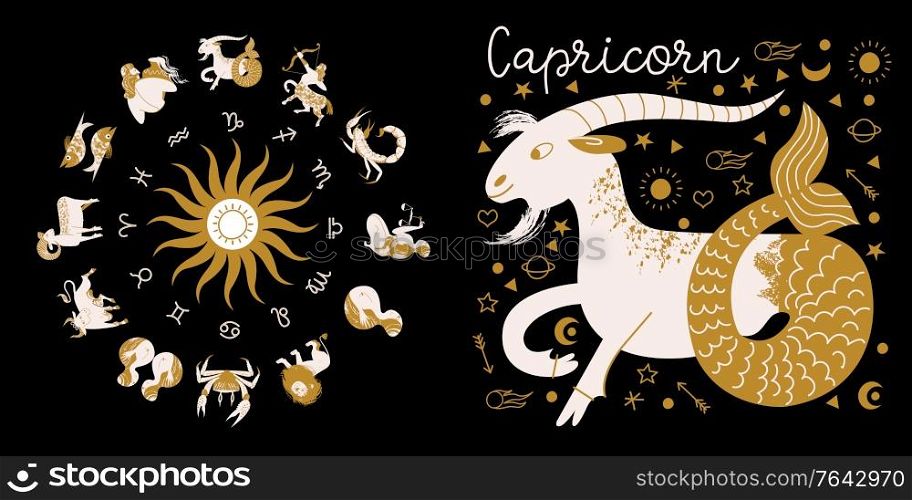 Zodiac sign Capricorn. Full horoscope in the circle. Horoscope wheel zodiac with twelve signs vector. Aries; Taurus; Gemini; Cancer; Leo; Virgo; Libra; Scorpio; Sagittarius; Capricorn; Aquarius, Pisces. Zodiac sign Capricorn. Horoscope and astrology. Full horoscope in the circle. Horoscope wheel zodiac with twelve signs vector.