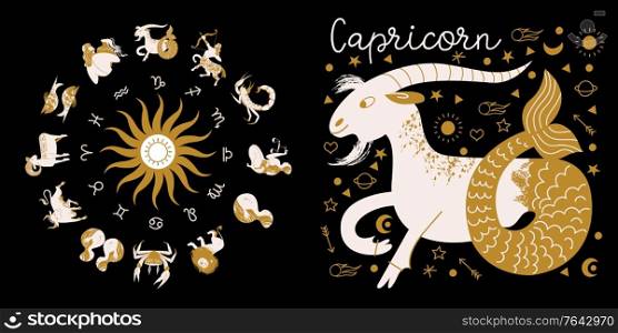 Zodiac sign Capricorn. Full horoscope in the circle. Horoscope wheel zodiac with twelve signs vector. Aries; Taurus; Gemini; Cancer; Leo; Virgo; Libra; Scorpio; Sagittarius; Capricorn; Aquarius, Pisces. Zodiac sign Capricorn. Horoscope and astrology. Full horoscope in the circle. Horoscope wheel zodiac with twelve signs vector.