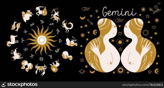 Zodiac sign Gemini. Full horoscope in the circle. Horoscope wheel zodiac with twelve signs vector. Aries; Taurus; Gemini; Cancer; Leo; Virgo; Libra; Scorpio; Sagittarius; Capricorn; Aquarius, Pisces. Zodiac sign Gemini. Horoscope and astrology. Full horoscope in the circle. Horoscope wheel zodiac with twelve signs vector.