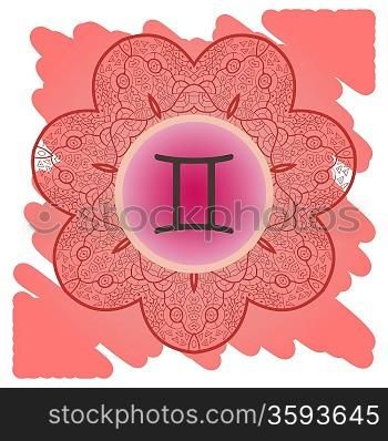 zodiac sign Gemini. What is karma? Vector circle with zodiac signs on ornate wallpaper. Oriental mandala motif square lase pattern, like snowflake or mehndi paint. Watercolor elements on background