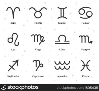 Zodiac sign icons, astrological horoscope symbols, astrology signs. Pisces, aquarius, libra, sagittarius, capricorn, aries vector icon set. Fortune telling according to birthday date. Zodiac sign icons, astrological horoscope symbols, astrology signs. Pisces, aquarius, libra, sagittarius, capricorn, aries vector icon set