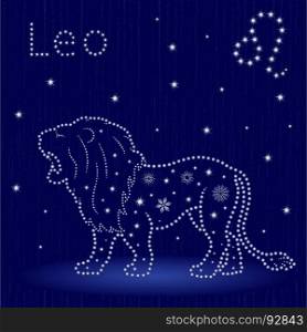 Zodiac sign Leo on a blue starry sky, hand drawn vector illustration in winter motif with stylized stars and snowflakes over seamless background