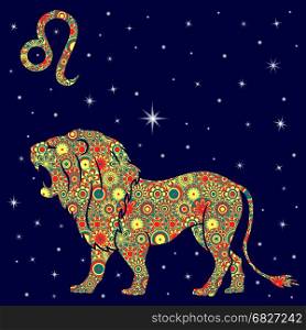 Zodiac sign Leo with colorful flowers fill in warm hues on a background of the blue starry sky, vector illustration