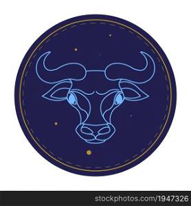 Zodiac sign of Taurus with furious muzzle and horns. Isolated astrological sign in circle in minimalist line art. Contemporary horoscope design. Bull animal, taureans depiction. Vector in flat style. Taurus astrological sign, horoscope symbol of bull