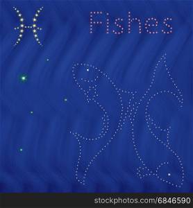 Zodiac sign Pisces contour with tiny stars on the background of blue wavy starry sky, vector illustration. Zodiac sign Pisces contour on the starry sky. Zodiac sign Pisces contour on the starry sky