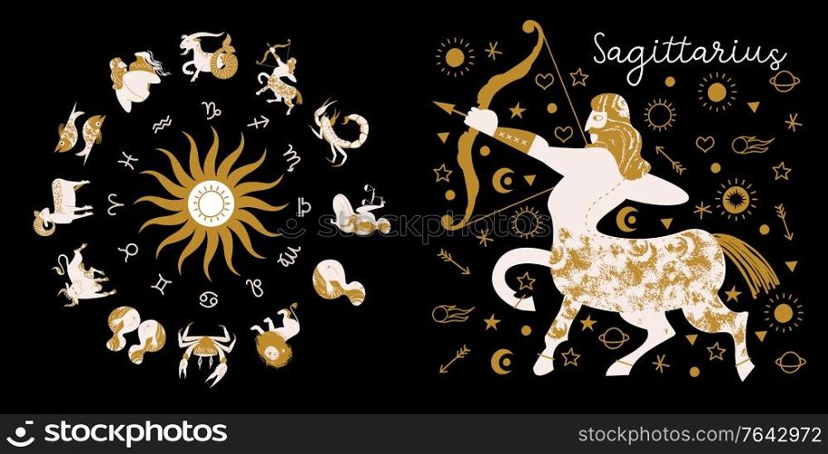 Zodiac sign Sagittarius. Full horoscope in the circle. Horoscope wheel zodiac with twelve signs vector. Aries; Taurus; Gemini; Cancer; Leo; Virgo; Libra; Scorpio; Sagittarius; Capricorn; Aquarius, Pisces. Zodiac sign Sagittarius. Horoscope and astrology. Full horoscope in the circle. Horoscope wheel zodiac with twelve signs vector.