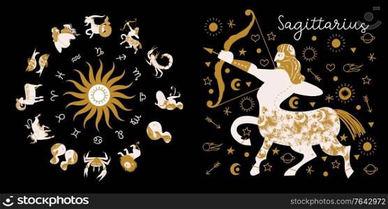 Zodiac sign Sagittarius. Full horoscope in the circle. Horoscope wheel zodiac with twelve signs vector. Aries; Taurus; Gemini; Cancer; Leo; Virgo; Libra; Scorpio; Sagittarius; Capricorn; Aquarius, Pisces. Zodiac sign Sagittarius. Horoscope and astrology. Full horoscope in the circle. Horoscope wheel zodiac with twelve signs vector.