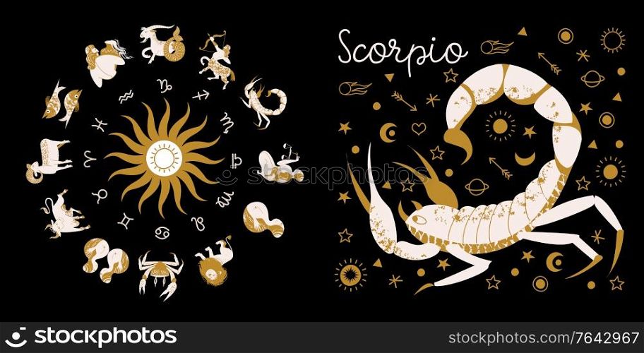 Zodiac sign Scorpio. Full horoscope in the circle. Horoscope wheel zodiac with twelve signs vector. Aries; Taurus; Gemini; Cancer; Leo; Virgo; Libra; Scorpio; Sagittarius; Capricorn; Aquarius, Pisces. Zodiac sign Scorpio. Horoscope and astrology. Full horoscope in the circle. Horoscope wheel zodiac with twelve signs vector.