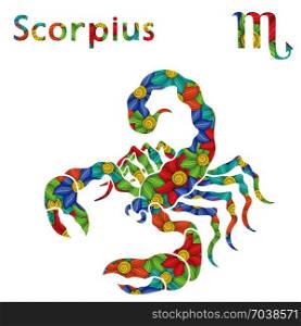 Zodiac sign Scorpius with filling of colorful stylized flowers on a white background, vector illustration