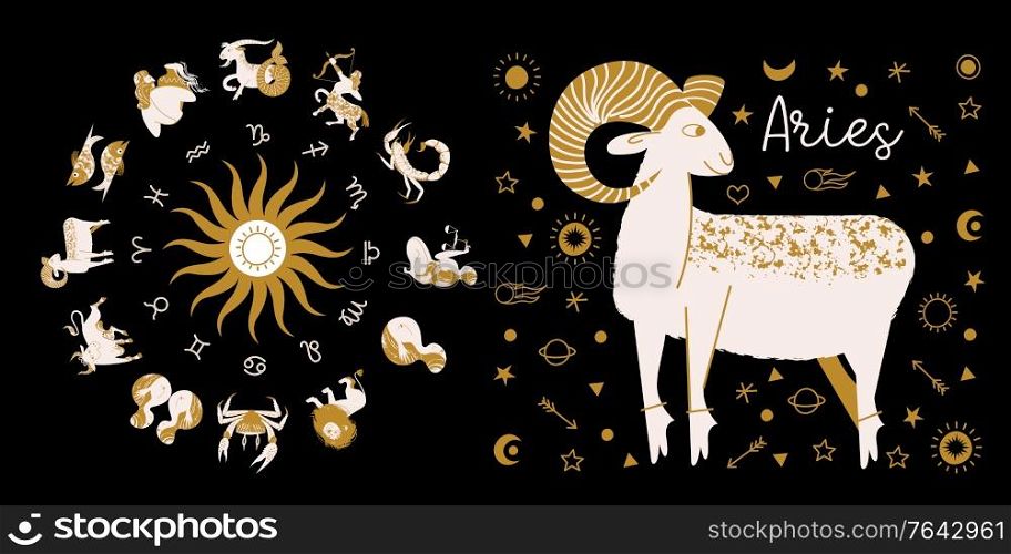 Zodiac sign Taurus. Full horoscope in the circle. Horoscope wheel zodiac with twelve signs vector. Aries; Taurus; Gemini; Cancer; Leo; Virgo; Libra; Scorpio; Sagittarius; Capricorn; Aquarius, Pisces.. Zodiac sign Taurus. Horoscope and astrology. Full horoscope in the circle. Horoscope wheel zodiac with twelve signs vector.