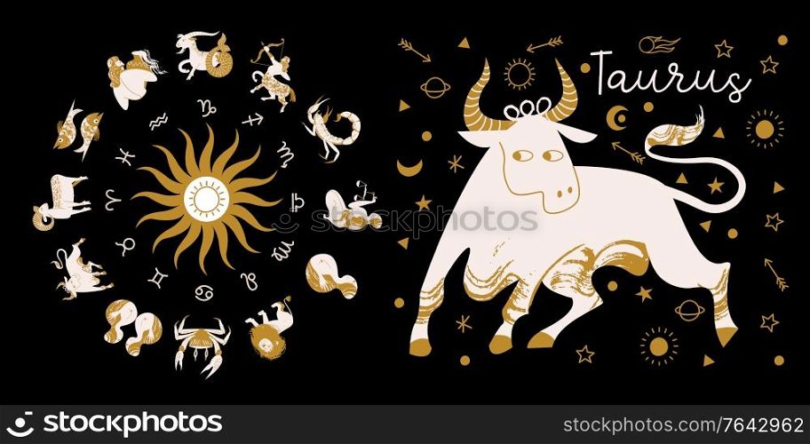 Zodiac sign Taurus. Full horoscope in the circle. Horoscope wheel zodiac with twelve signs vector. Aries; Taurus; Gemini; Cancer; Leo; Virgo; Libra; Scorpio; Sagittarius; Capricorn; Aquarius, Pisces. Zodiac sign Taurus. Horoscope and astrology. Full horoscope in the circle. Horoscope wheel zodiac with twelve signs vector.
