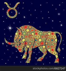 Zodiac sign Taurus with colorful flowers fill in warm hues on a background of the blue starry sky, vector illustration