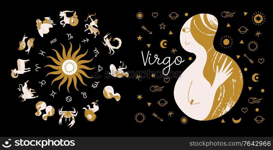 Zodiac sign Virgo. Full horoscope in the circle. Horoscope wheel zodiac with twelve signs vector. Aries; Taurus; Gemini; Cancer; Leo; Virgo; Libra; Scorpio; Sagittarius; Capricorn; Aquarius, Pisces. Zodiac sign Virgo. Horoscope and astrology. Full horoscope in the circle. Horoscope wheel zodiac with twelve signs vector.