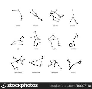 Zodiac signs. Abstract sketches of astrological symbols. Schematic arrangement of stars in constellations. Black points connected by lines. Predicting future with horoscope. Vector outline icons set. Zodiac signs. Sketches of astrological symbols. Schematic arrangement of stars in constellations. Black points connected by lines. Predicting future with horoscope. Vector icons set