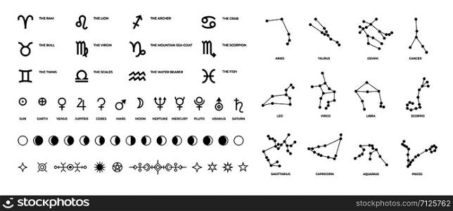 Zodiac signs and constellations. Ritual astrology and horoscope symbols with stars planet symbols and Moon phases. Vector set pictogram elements constellation illustration for ancient alchemy. Zodiac signs and constellations. Ritual astrology and horoscope symbols with stars planet symbols and Moon phases. Vector set