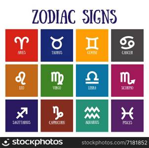 Zodiac signs: aquarius, libra, leo, taurus, cancer, pisces, virgo, capricorn, sagittarius, aries, gemini, scorpio. Astrological calendar collection, zodiacal color vector horoscope. Colorful elements