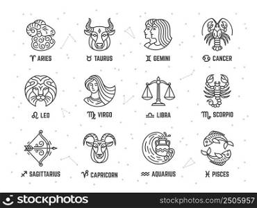 Zodiac signs. Astrology sign and constellation, aries cancer, libra. Esoteric horoscope symbols. Virgo, pisces and aquarius isolated tidy vector set. Illustration of libra and taurus, scorpio and leo. Zodiac signs. Astrology sign and constellation, aries cancer, libra. Esoteric horoscope symbols. Virgo, pisces and aquarius isolated tidy vector set