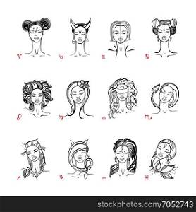 Zodiac signs collection. Beautiful fashion zodiac girl. Horoscope series. Ink hand drawn Vector illustration. Zodiac sign. Beautiful fashion girl. Vector hand drawn illustration.