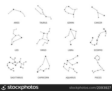 Zodiac signs constellations. Astrological horoscope stars structures. Sky augury symbol. Taurus and Aquarius. Pisces or Virgo black line astrological icons. Vector isolated starry abstract schemes set. Zodiac signs constellations. Astrological horoscope stars structures. Sky augury symbol. Taurus and Aquarius. Pisces or Virgo line astrological icons. Vector starry abstract schemes set