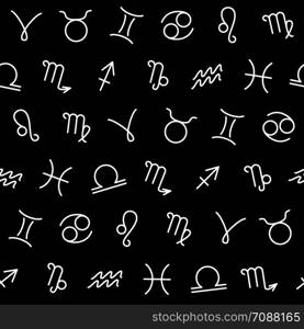 Zodiac signs, horoscrope symbols, stars in space, seamless pattern. Texture for wallpapers, fabric, wrap, web page backgrounds, vector illustration