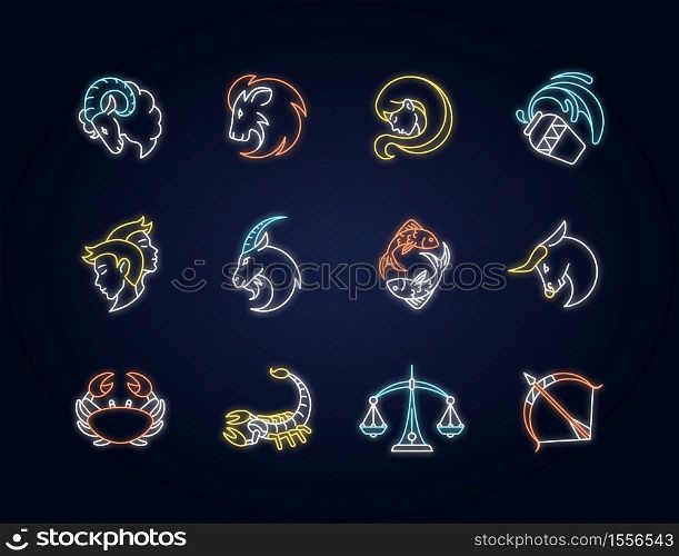 Zodiac signs neon light icons set. Twelve horoscope birth signs with outer glowing effect for fortune telling. Astrology and future prediction. Vector isolated RGB color illustrations. Zodiac signs neon light icons set