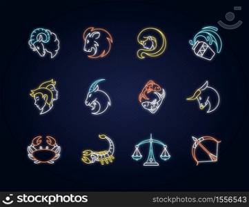 Zodiac signs neon light icons set. Twelve horoscope birth signs with outer glowing effect for fortune telling. Astrology and future prediction. Vector isolated RGB color illustrations. Zodiac signs neon light icons set