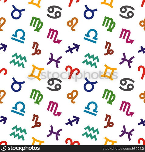 Zodiac signs seamless pattern. Aquarius, libra, leo, taurus, cancer, pisces, virgo, capricorn, sagittarius, aries, gemini, scorpio. Astrological calendar background. Zodiacal color vector horoscope