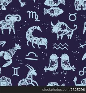 Zodiac signs seamless pattern. Blue print with star constellations, astrological icons and horoscope floral symbols. Zodiacal funny animals. Cute children decorative style. Vector cartoon background. Zodiac signs seamless pattern. Blue print with star constellations, astrological icons and horoscope floral symbols. Zodiacal animals. Cute children decorative style. Vector background