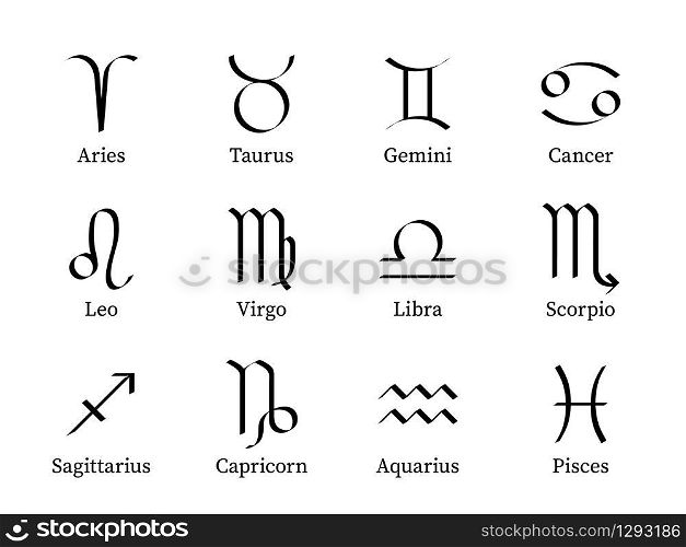 Zodiac signs. Twelve astrological stylized constellations, symbols astrology zodiac birth month calendar, horoscope vector set