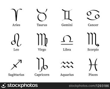 Zodiac signs. Twelve astrological stylized constellations, symbols astrology zodiac birth month calendar, horoscope vector set