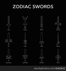 Zodiac signs. Zodiac weapon sword set. Aries, Taurus, Gemini, Cancer, Leo, Virgo, Libra, Scorpio, Sagittarius, Capricorn, Aquarius, Pisces. Clean and modern vector illustration for design, web.