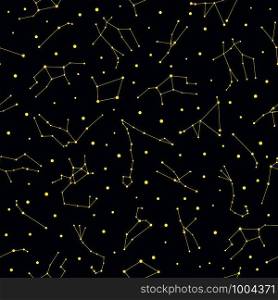 Zodiac star constellations seamless pattern. Yellow glowing stars on dark background seamless wallpaper. Perfect for banners, prints, posters, fabric, textile, etc.. Yellow glowing zodiac star constellations seamless pattern.