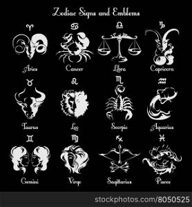 Zodiac symbols and signs. Zodiac symbols or zodiac signs. White images and text ob black background. Vector illustration