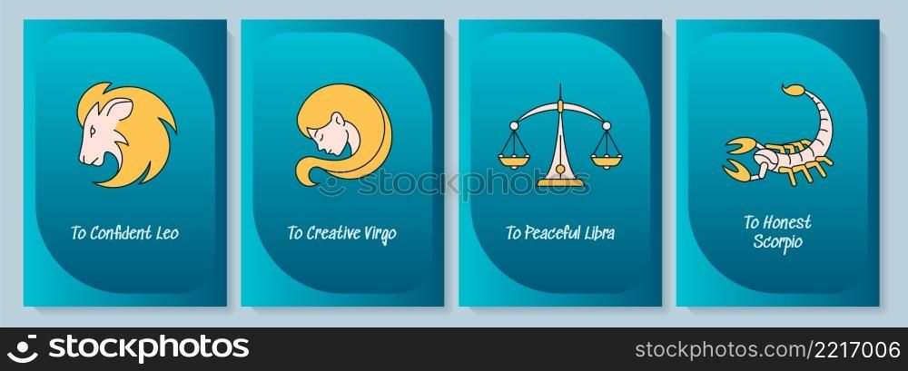 Zodiac symbols greeting card with color icon element set. Horoscope. Postcard vector design. Decorative flyer with creative illustration. Notecard with congratulatory message on blue. Zodiac symbols greeting card with color icon element set