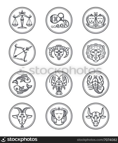 Zodiac vector astrology vector line icons. Aries and taurus, gemini and cancer, leo and virgo, libra and scorpio, sagittarius and capricorn, aquarius and pisces signs. Horoscope line style symbols Illustration. Zodiac vector astrology vector line icons. Aries and taurus, gemini and cancer, leo and virgo, libra and scorpio, sagittarius and capricorn, aquarius and pisces signs