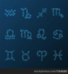 Zodiac vector low polygonal icons sets on a space background. Astrology horoscope star signs. Astronomy star symbol connected by abstract triangle wireframe mesh.