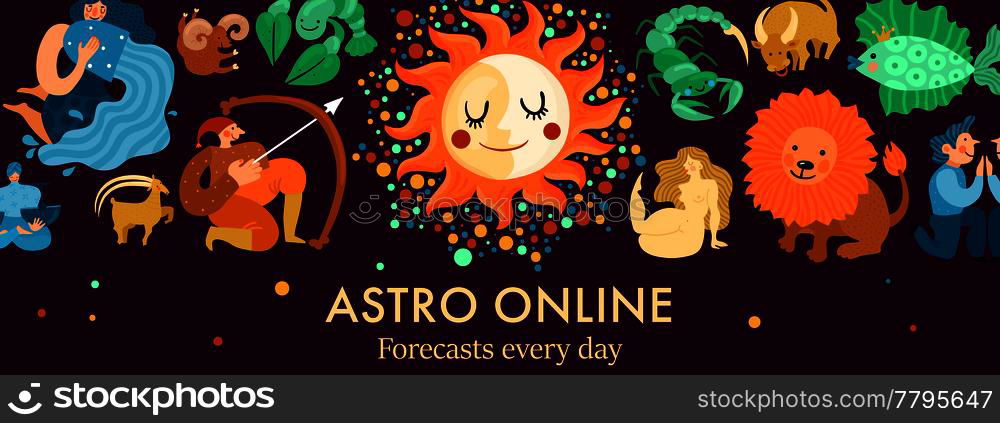 Zodiacal signs, sun and moon header for astro online forecasts on black background vector illustration. Zodiacal Signs Header Illustration