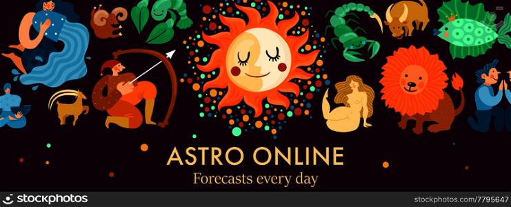 Zodiacal signs, sun and moon header for astro online forecasts on black background vector illustration. Zodiacal Signs Header Illustration