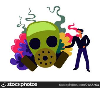 Zombie captured by person scientist studying dead creature body and features vector. Undead thing wearing protective mask, male avoiding odor of organism flesh. Defense and experiments of infection. Zombie captured by person scientist studying body vector