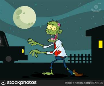 Zombie Cartoon Character Walking In ?he Night. Vector Illustration With Background.