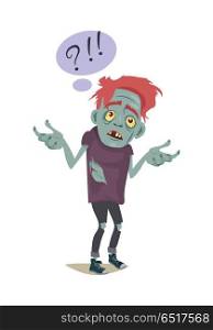 Zombie Character. Fictional Being Hesitating.. Zombie character isolated on white. Fictional being hesitating. Speech bubble with question and exclamation sign. Horror fantasy concept. Halloween science fiction man in flat style. Vector